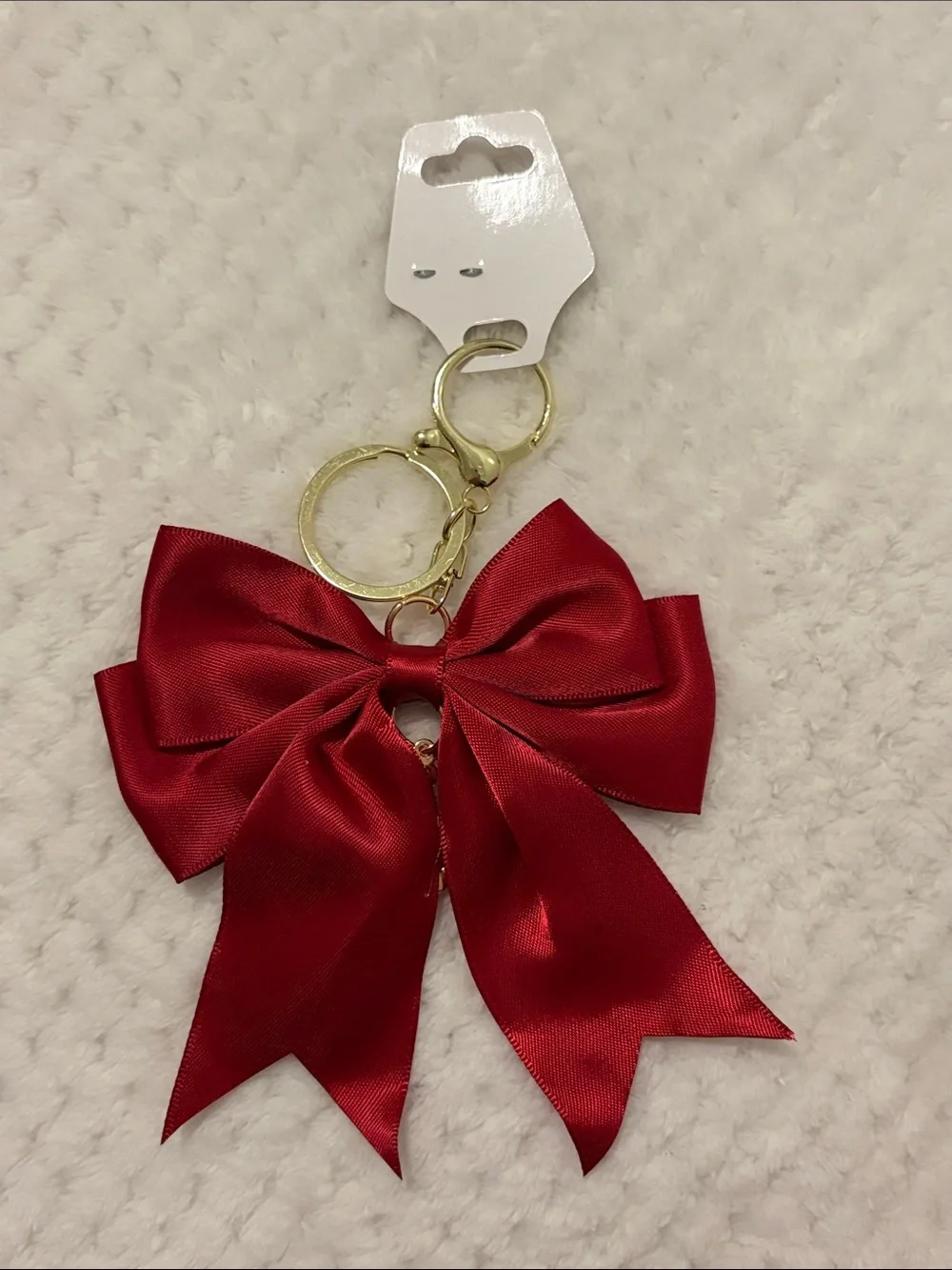 Red Satin Bow Keychain with Pearl Heart Charm